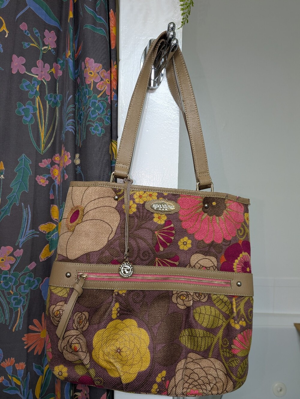 Spartina 449 Floral Canvas Tote in Brown, Pink & Yellow